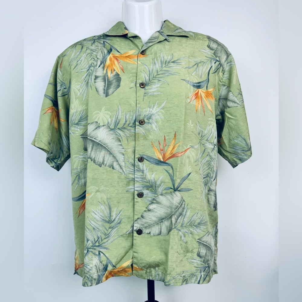 Tommy Bahama Light Green Silk Tropical Camp Shirt with Orange Accents